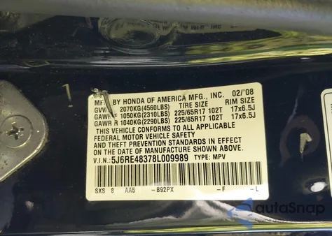 2008 Honda Cr-V Lx from USA, damaged, VIN 5J6RE48378L009989